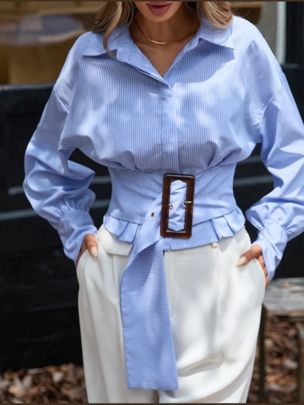 Blue Pinstripe Belted Blouse with Tortoise Buckle